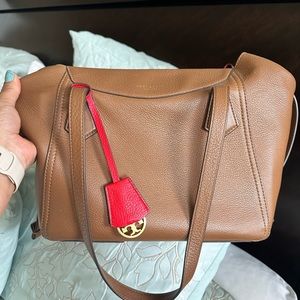 TORY BURCH Perry Leather Satchel Bag  Brown Moose with Red Interior.